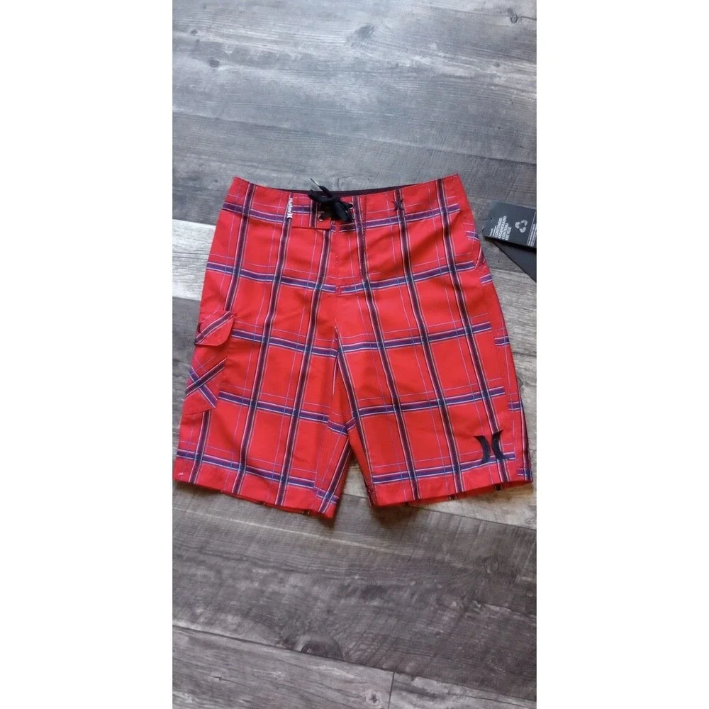 Hurley Youth Sz 25 Red Plaid Board Shorts With Side Cargo Pockets, NWT